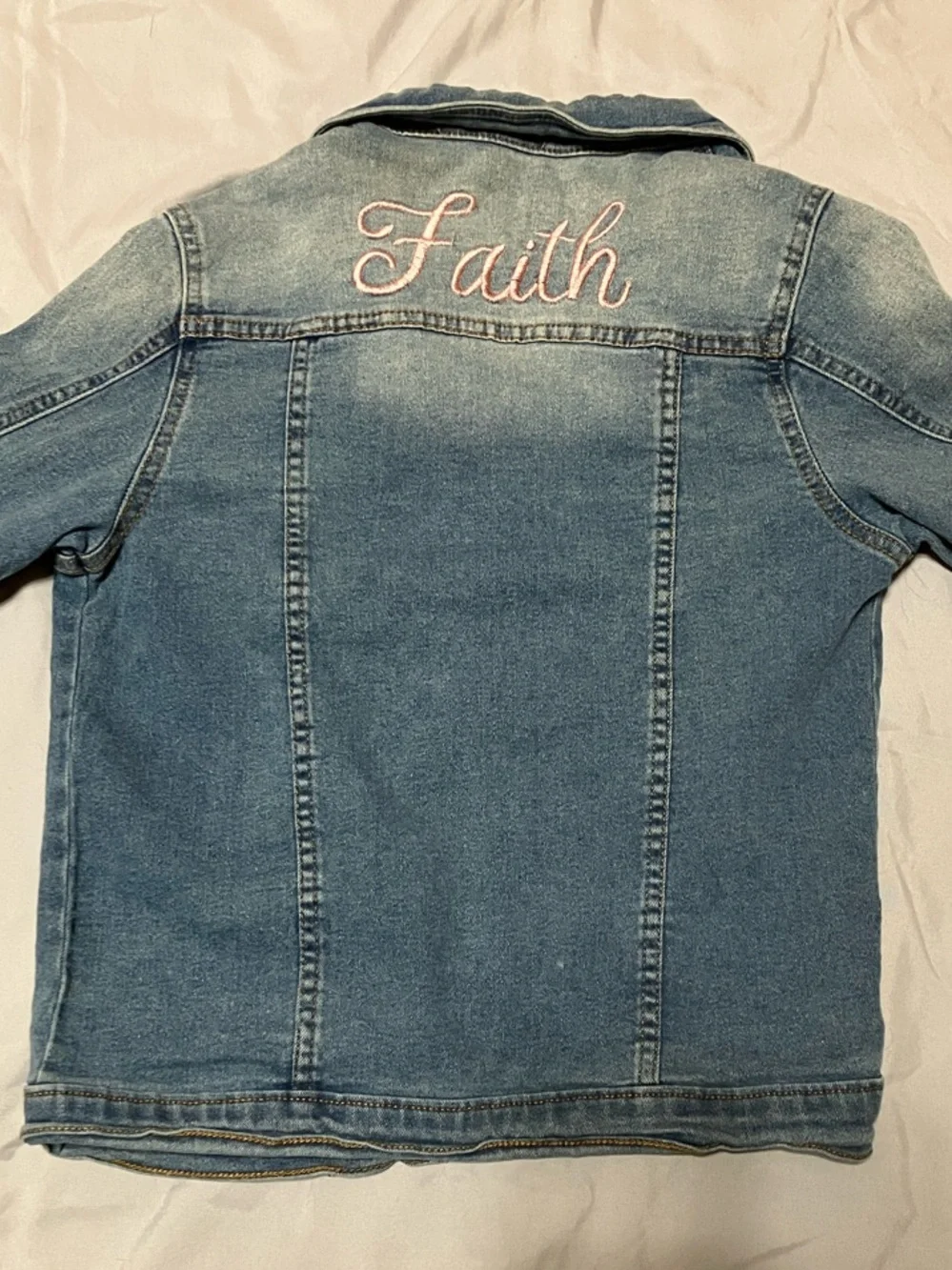 Girls Light Blue Denim Jacket - Faith Embroidered on the Back